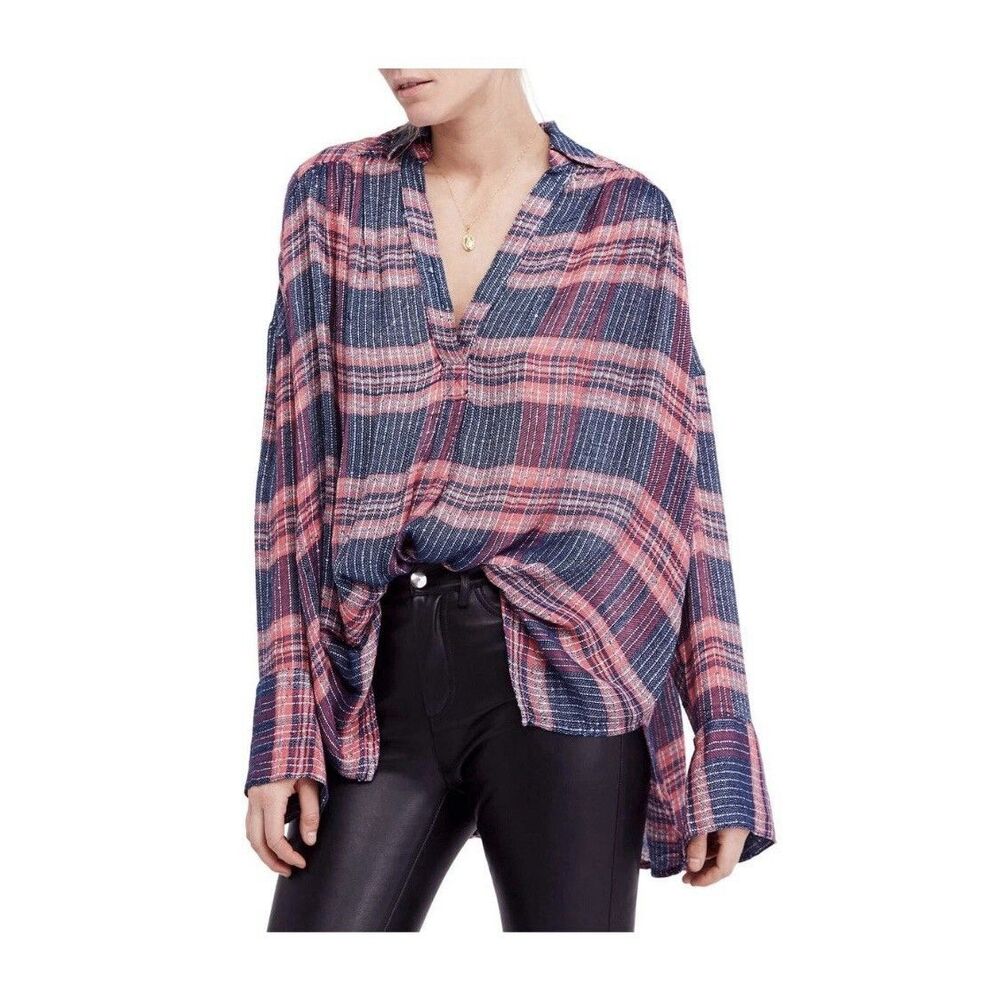 Free People Fearless Love Bell Sleeve Shirt Purple Pink Oversized Plaid Size S
